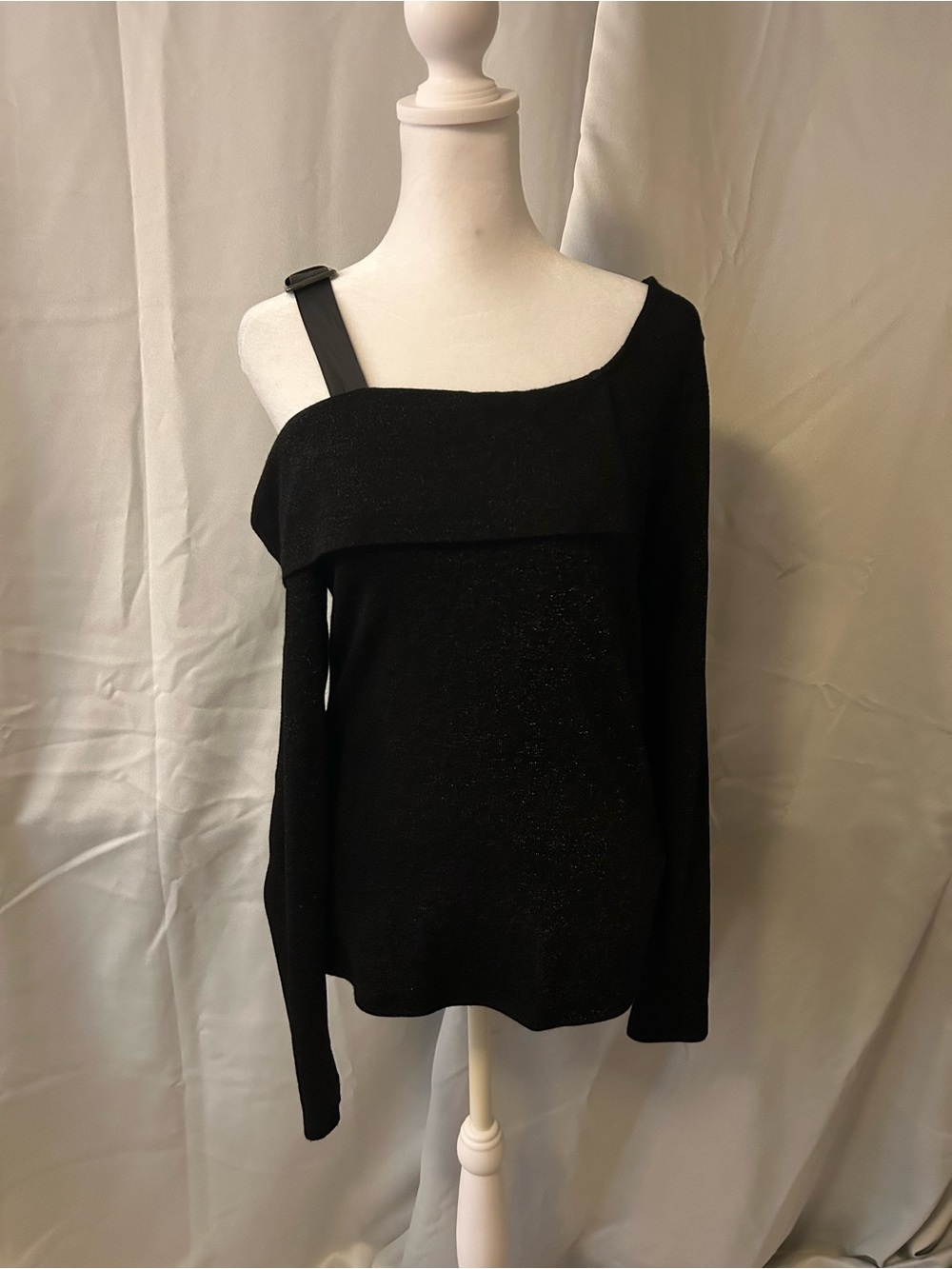 VENUS Black Shimmer Sweater with Shoulder Buckle Detail